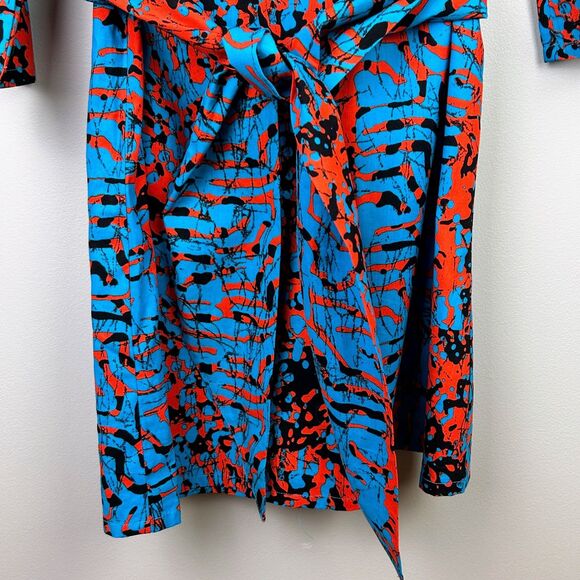 The OULA Company Tie Front Split Neck Dress Blue Orange Print Bell Sleeves S EUC - Picture 5 of 12